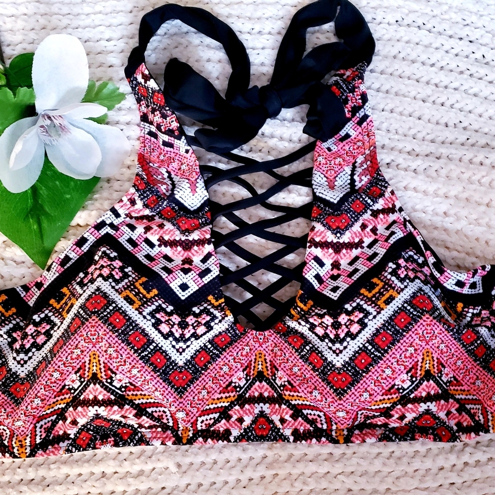Coral Border print Cage neck Bikini Top